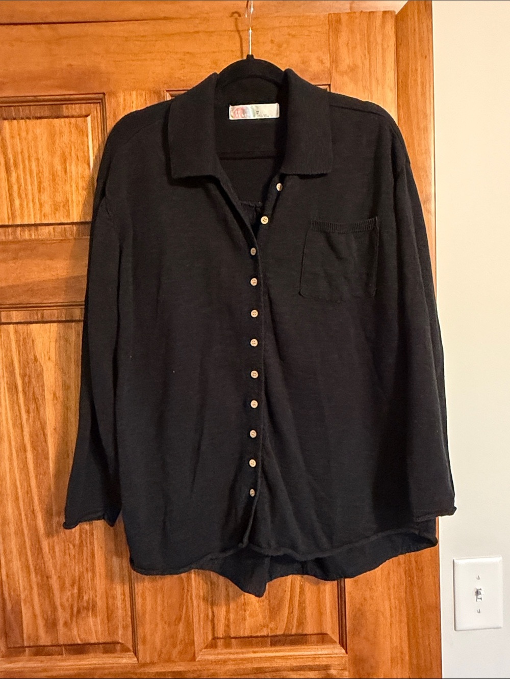 FP Beach free people Black Collared Button-Front Cardigan with Chest Pocket